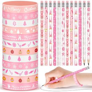 2 x Sabary 48 Pcs Christmas Pencils Silicone Bracelets Set Christmas Party Favors Candy Cane Plaid Snowman Santa Tree Snowflake Pencils Xmas Wristbands Gifts(Pink,7.48 Inch Pencil)