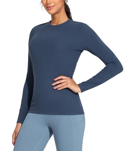 THE GYM PEOPLE Women's Crew Neck Thermal Fleece Shirts Slim Fit Long Sleeves Underwear Basic Pullover Tops Grey Blue, M