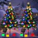 2 Pack Solar Mini Christmas Tree Decorations Lights, 30 Inch 8 Flashing Modes Waterproof Xmas Decor, 60 LED Lights with Ornaments 6 Lighted Gift Boxes for Porch Pathway Yard Garden (Multicolor)