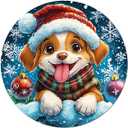 PEACHGARDEN Christmas Puppy Santa Hat Plaid Scarf Round Tin Sign Front Door Wreath Sign Wall Decoration Snowflakes Ornaments for Holiday Home Decor 8x8inch