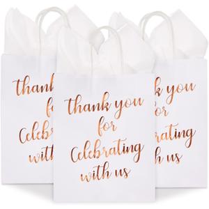 Sparkle and Bash 15-Pack Medium Sized Gift Bags with Tissue Paper for Wedding, Rose Gold Foil Thank You for Celebrating With Us Bags with Handles, Kraft Paper (10 x 8 x 4 Inches)