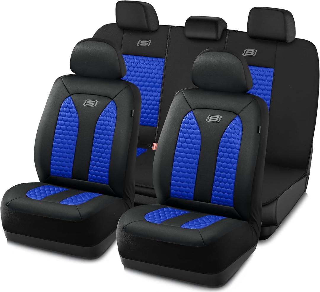 Skechers Memory Foam Car Seat Cover Full Sets, Hexcomb Breathable Thick Seat Covers, Airbag Compatible, Automotive Comfort & Protection for Most Cars,Van,Trucks, SUVs (Blue,Full Set) (Black and Blue)