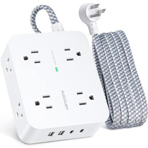 6Ft Surge Protector Power Strip with USB C, HANYCONY Extension Cord with 8 Outlets(2.2 IN) 4 USB Ports(2 USB C), Flat Plug, Wall Mount, 3 Side Outlet Extender for Home Dorm Room Essentials, ETL Listed