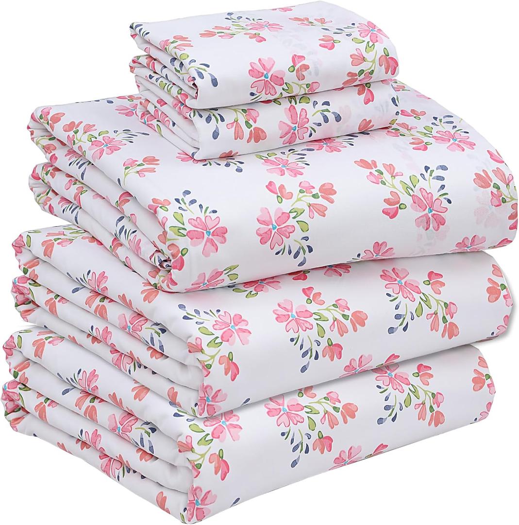 RUVANTI 100% Cotton King Sheets Sets for Adjustable Bed, 5 PCs, Soft & Breathable Percale Weave Bedding, Deep Pocket 16", Hotel Standard, Crisp Cool Feel & Durable, Floral Sheet, Bloomex