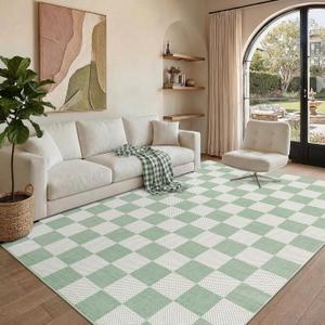Checkered Sage Green 5x7 Washable Rug Geometric Diamond Dot Modern Soft Low-Pile Girls Rug for Bedroom Nursery Living Room Entryway Non-Slip TPE Backing