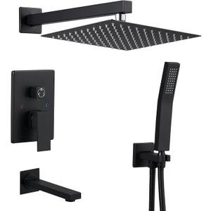 ROVOGO Bathtub Shower Faucet Set with Valve, Shower System with Tub Spout, 10-in. Rain Shower and Handheld, Square Shower Fixtures All Metal Wall Mount, Black