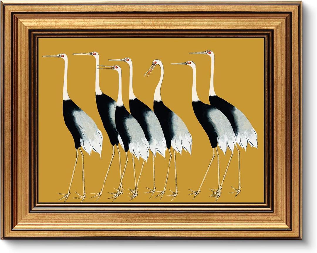 Gold Framed Wall Art, Vintage Japanese Cranes Canvas Prints – Seven Cranes Bird Pictures Decor, Modern Minimalist Japandi Artwork for Bedroom Living Room 9x11 inch