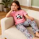 Funnycokid Girls Pajamas 3 Piece Short Sleeve Shirt Top Pants Shorts with Pockets (7-8 Years)