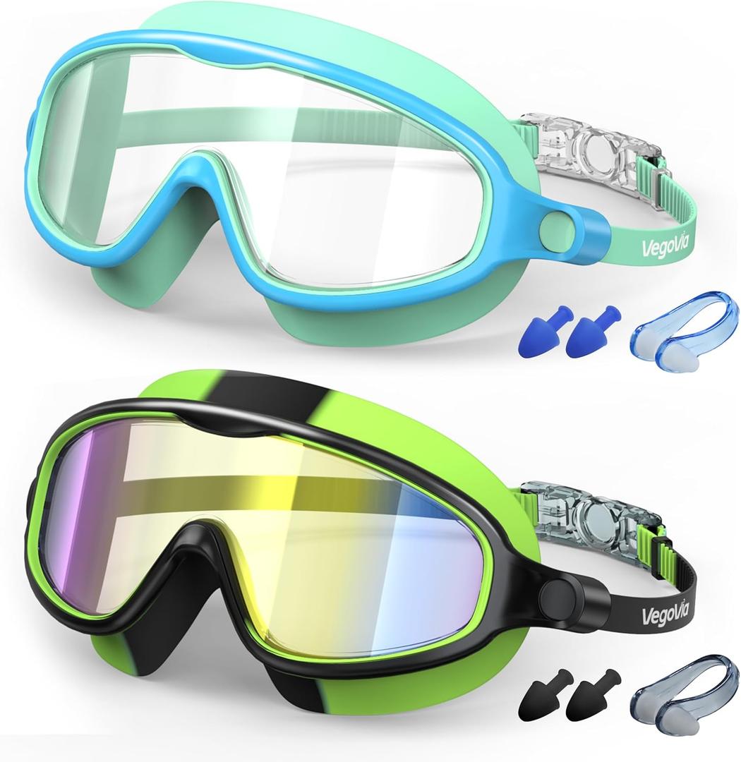 Kids Swim Goggles 2 Pack, Anti-Fog UV Protection Wide View Swimming Goggles for kids 3-15 Youth Boys Girls Toddler (Blue/Clear & Green/Mirrored)