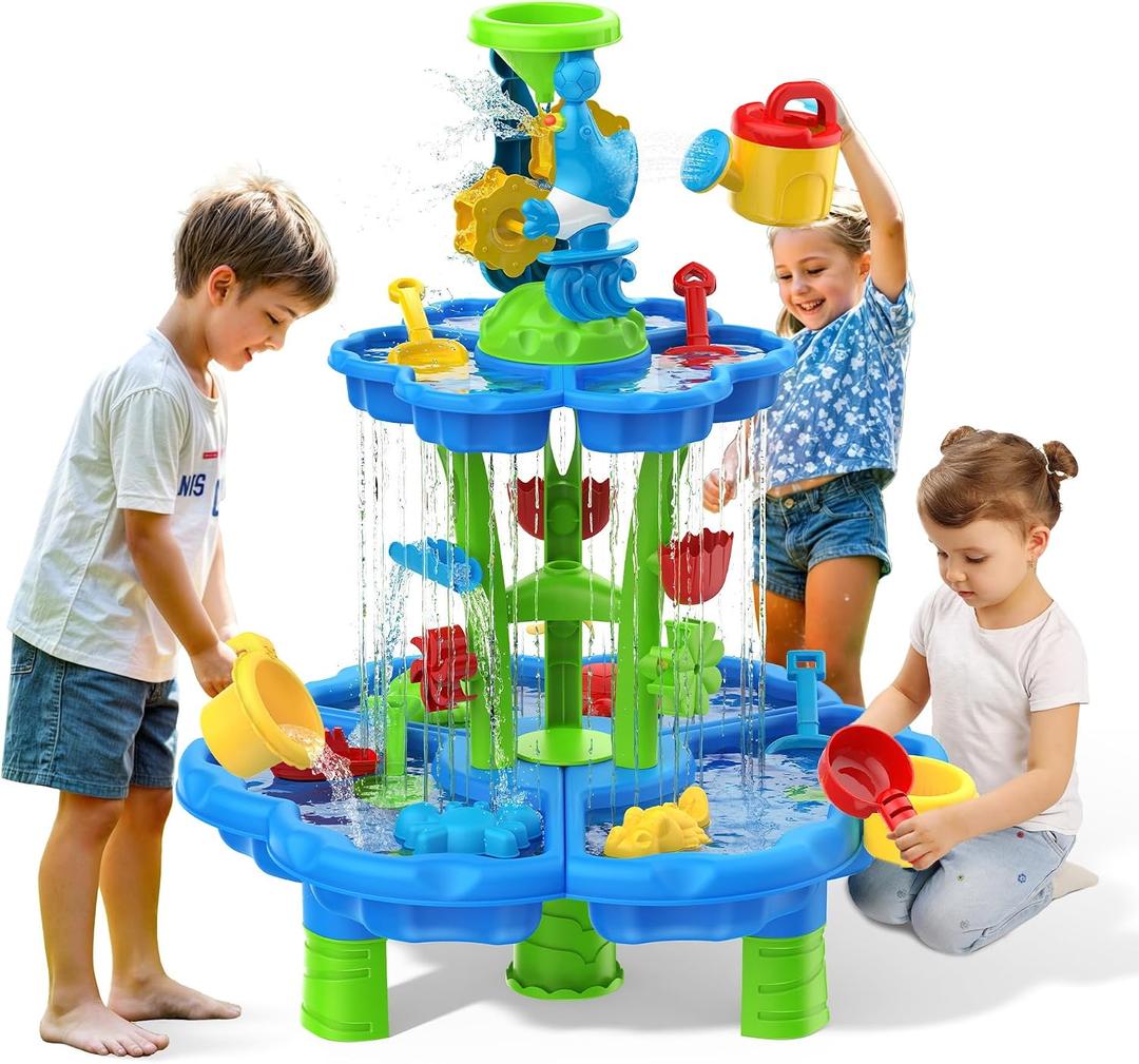 Kids Flower Water Sand Table for Toddlers - 2-Tier Outdoor Water Sand Play Table Toys for Boys Girls, Summer Splash Activity Sensory Table Party Birthday Gift for Kids 3-5 6-12(Blue)