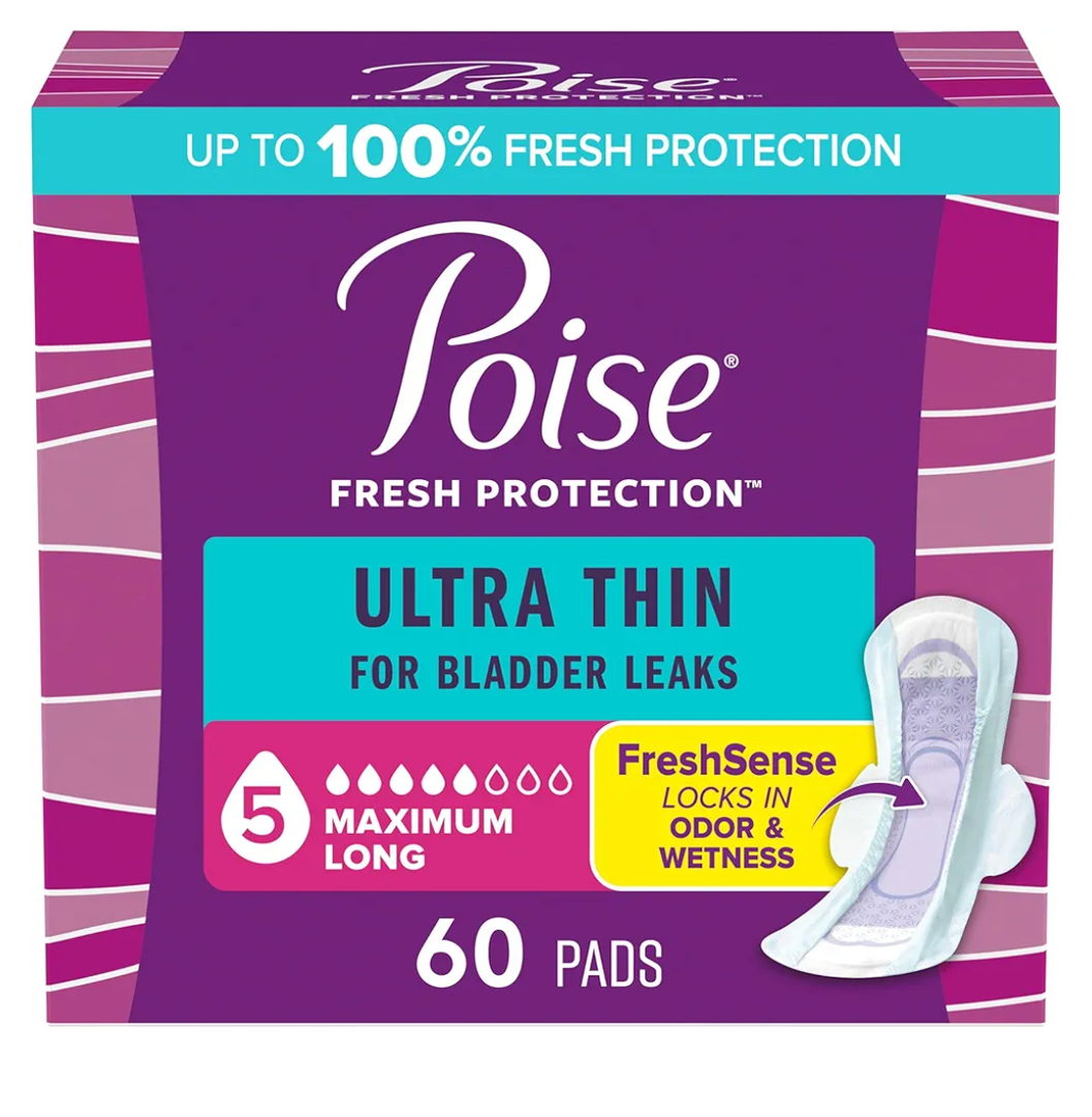 Poise Ultra Thin Incontinence & Postpartum Pads with Wings for Bladder Leaks, 5 Drop Maximum Absorbency, Long Length, 60 Count
