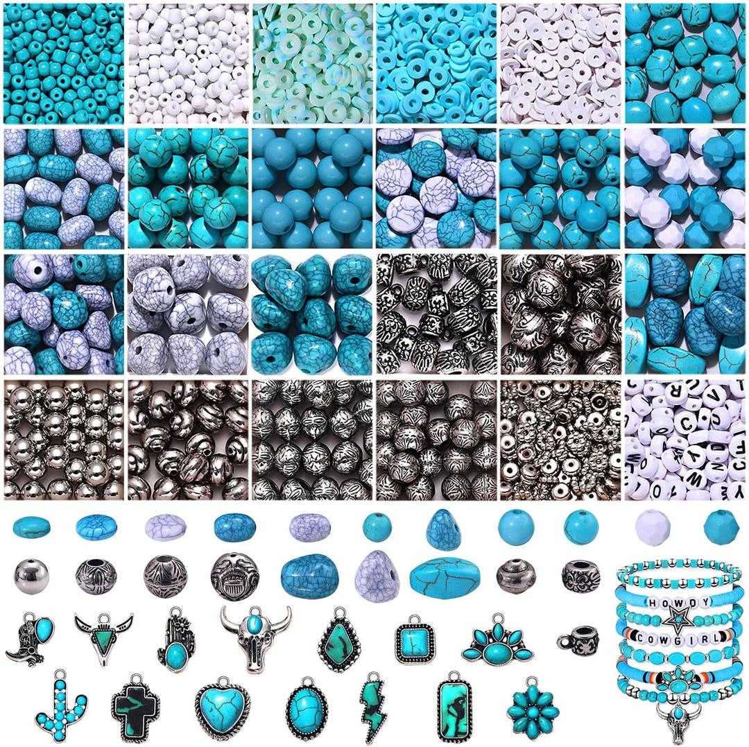 NVENF 1800PCS+ Western Beads Charms for Jewelry Making Turquoise Clay Heishi Beads Vintage Cactus Flower Lightning Boot Cow-head Charms for Western Bracelet Making DIY Crafts (Turquoise 1)