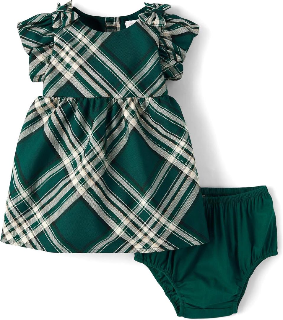 The Children's Place Baby Girls' And Newborn Short Sleeve Dressy Dress and Diaper Cover Set (6-9 Months, Balt Green Plaid)