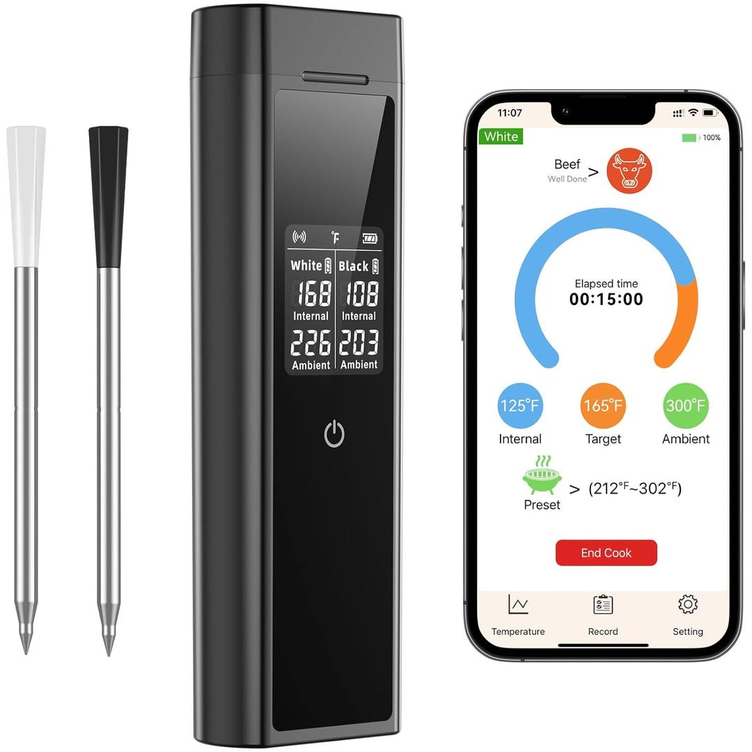 Smart Wireless Meat Thermometer Digital, 2 Probes, Advanced Bluetooth Food Thermometer for Cooking, IP67, Real-Time Monitoring & Smart Alerts with APP for BBQ, Grill, Oven, Smoker, Kitchen Gifts (Black)