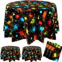 Tioncy 3 Pack Glow Party Table Covers Neon Round Tablecloths 84  84 Inch Disposable Plastic Paint Splatter Birthday Party Table Cloth for Glow in The Dark Black Light Supplies