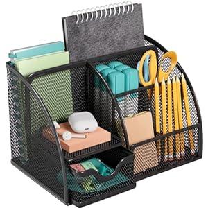 MaxGear Pen Holder for Desk - Black Metal Mesh Pencil Holder with 3 Compartments, Desktop Organizer with Non-Slip Mats, Office Supplies Organizer for School, Home & Workspace