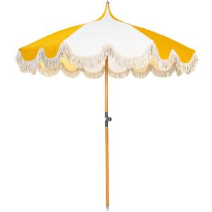 6.5ft Pagoda Beach Umbrella with Fringe, UPF 50+ Boho Umbrellas with Carry Bag, Premium Wood Pole Foldable Tassel Umbrella for Outdoor Garden Lawn Pool Yard Table