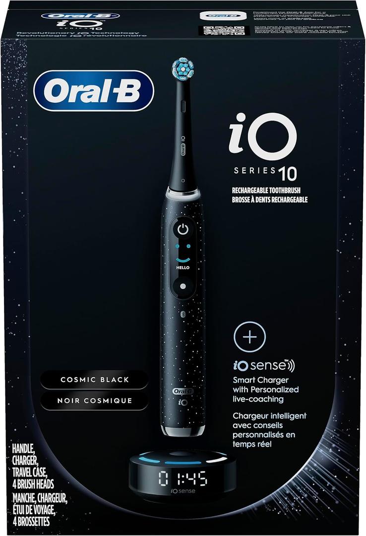Oral-B iO Series 10 Rechargeable Electric Toothbrush with Visible Pressure Sensor to Protect Gums, 2 Min Timer, 7 Cleaning Settings, 4 Replacement Toothbrush Heads, and Charging Travel Case, Black
