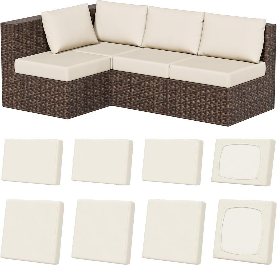 8Pcs Stretch Patio Cushion Covers, Outdoor Couch & Sofa Replacement Slipcovers for Patio Furniture Cushion Covers, Washable Reusable Furniture Protector, Square-Large + Rectangle, Beige