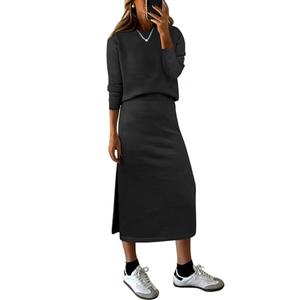 Women 2 Piece Outfits Striped Sweater Skirt Sets Fall Casual Long Sleeve Pullover Top Lounge Travel Midi Dress (Small, Beige Black)