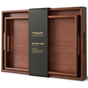 Fibogollo Bamboo Set of 2 Serving Tray with Handles,Decorative Trays Platter,Breakfast Tray in Bed,Food Drinks Tray for Eating,Working,Storing(Brown)L-43x30 S-38.25