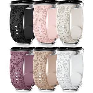 SNBLK Floral Engraved Bands Compatible with Samsung Galaxy Watch 8 Band 40mm 44mm/Galaxy Watch 8 Classic Band 46mm, 6Pack Flower Soft Silicone Sport Replacement Strap for Samsung Watch Bands Women Men