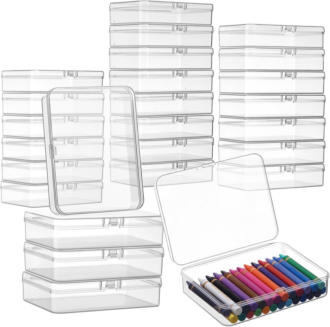 25 Pcs Plastic Crayon Box with Lid 4.53 x 3.35 x 1.1 Inches Clear Small Storage Box Holder Stackable Pencil Case Organizer Container Bulk for Art Crafts Jewelry Beads Office Supplies