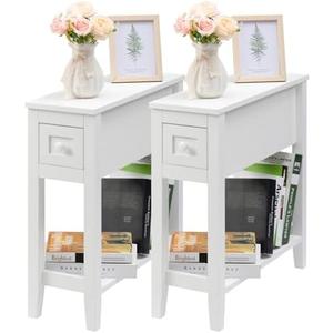 Amazon.com: LUSUOWLZ Narrow Side Table for Small Spaces, White Side Table with Drawer, Slim Bed Side Table/Night Stand Set of 2, Couch Side Table : Home & Kitchen