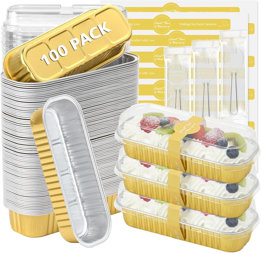 Ruckae 100 Pack Mini Loaf Pans with Lids and Spoons Disposable Aluminum Tin Foil Pans Rectangle Mini Loaf Cake Pan for Baking, Party, Picnics, Gifts (Gold)