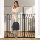 COMOMY 29.5-43.7" Pet Gate with Adjustable Cat Door for Stairs Doorways | Extra Wide Metal Cat Gate, Auto Close Dog Gate with Pet Door for House,Pressure Mounted (30" Tall, Black)