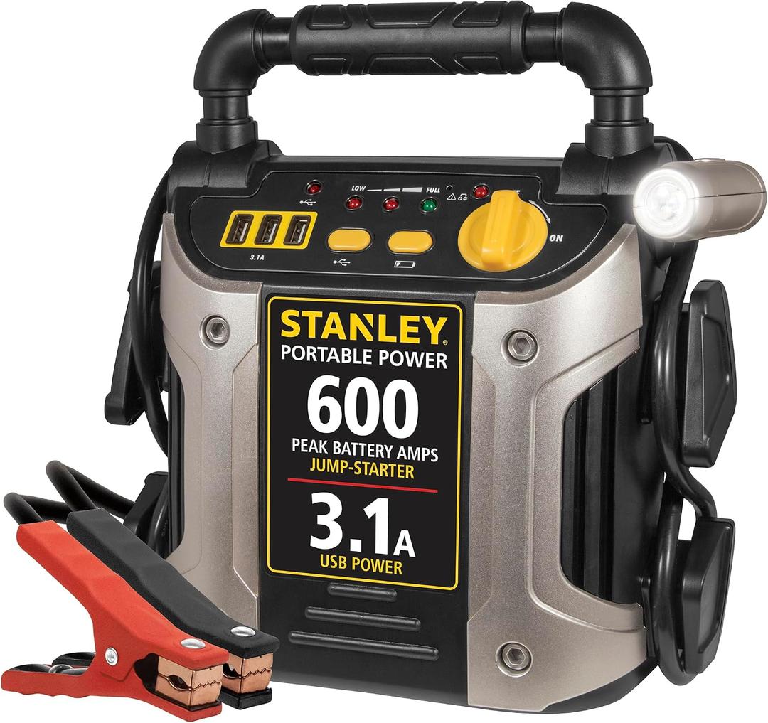 Stanley J309 Portable Power Station Jump Starter 600 Peak Amp Battery Booster, 3.1A USB Ports, Battery Clamps