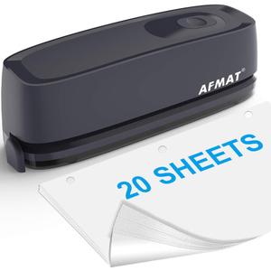 AFMAT Electric 3 Hole Punch, 20-Sheet 3 Hole Puncher for Binder, Effortless Punching, 9/32" Hole Diameter, Paper Hole Puncher 3 Hole Heavy Duty, for Office/School/Studio, AC or Battery Operated, HP08 (Grey)