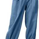 Womens Capri Pants Cotton Linen Cropped Trousers Summer Wide Leg Drawstring High Waist Palazzo Pants with Pockets (Blue, M)