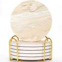 GOH DODD Coasters for Drinks Set of 6, Absorbent Marble Style Ceramic Coaster Cup Coasters Tabletop Protection Home Decor with Metal Holder for Housewarming Gifts Wedding Party, Beige, Round, 4 Inch