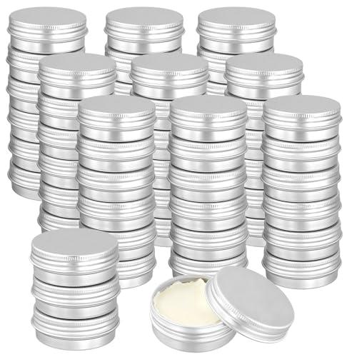 SHEUTSAN 60 Pack Aluminum Tin Jars, 1 oz Round Metal Tin Cans Storage Containers with Screw Top for Lip Balm, Cream, Candle