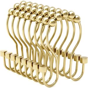 Bathway Shower Curtain Hooks, Shower Curtain Rings Rust Proof Double Hook Shower Curtain Hooks with Clindrical Design, 12 Pcs Light Gold Shower Hooks for Shower Curtain, Metal Shower Rod Hooks