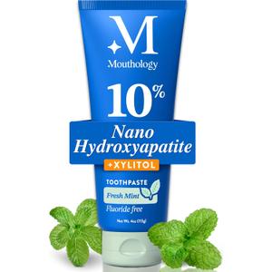 Mouthology 10% Nano Hydroxyapatite Toothpaste Fluoride Free, Whitening*, Rod Shaped nHa, Xylitol Toothpaste for Adults, Enamel Care*, Sensitive Teeth*, SLS Free, Mint 4oz (USA Made) Package May Vary
