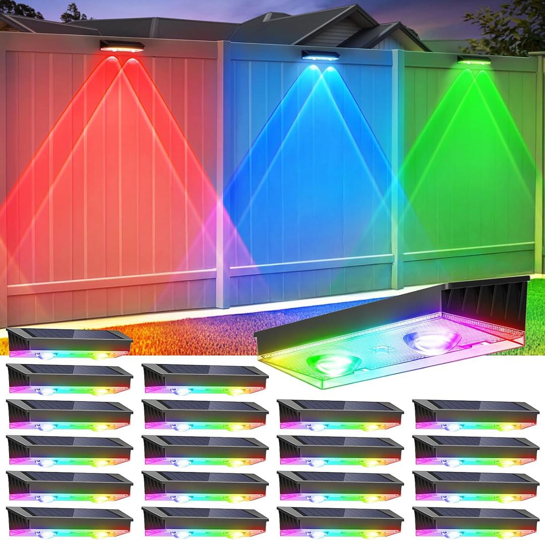 Solar Fence Lights Outdoor, 20 Pack Warm White/RGB Fence Solar Lights with 2 LED, IP65 Waterproof, Backyard Patio Decor for Deck, Wall, Railing, Pool, Stair