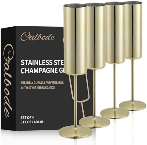 CALBODE Stainless Steel Champagne Glasses Set of 4, 6.7oz Elegant Stainless Steel Champagne Flutes, Stemmed Unbreakable Wine Glasses for Party Wedding Christmas Anniversary, Gold