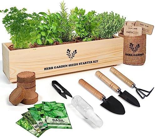 Meekear 5 Herb Seeds Garden Starter Kit with Complete Planting Kit & Wooden Flower Box, Growing into Basil, Parsley, Rosemary, Thyme, Mint for Kitchen Windowsill Herb Garden DIY