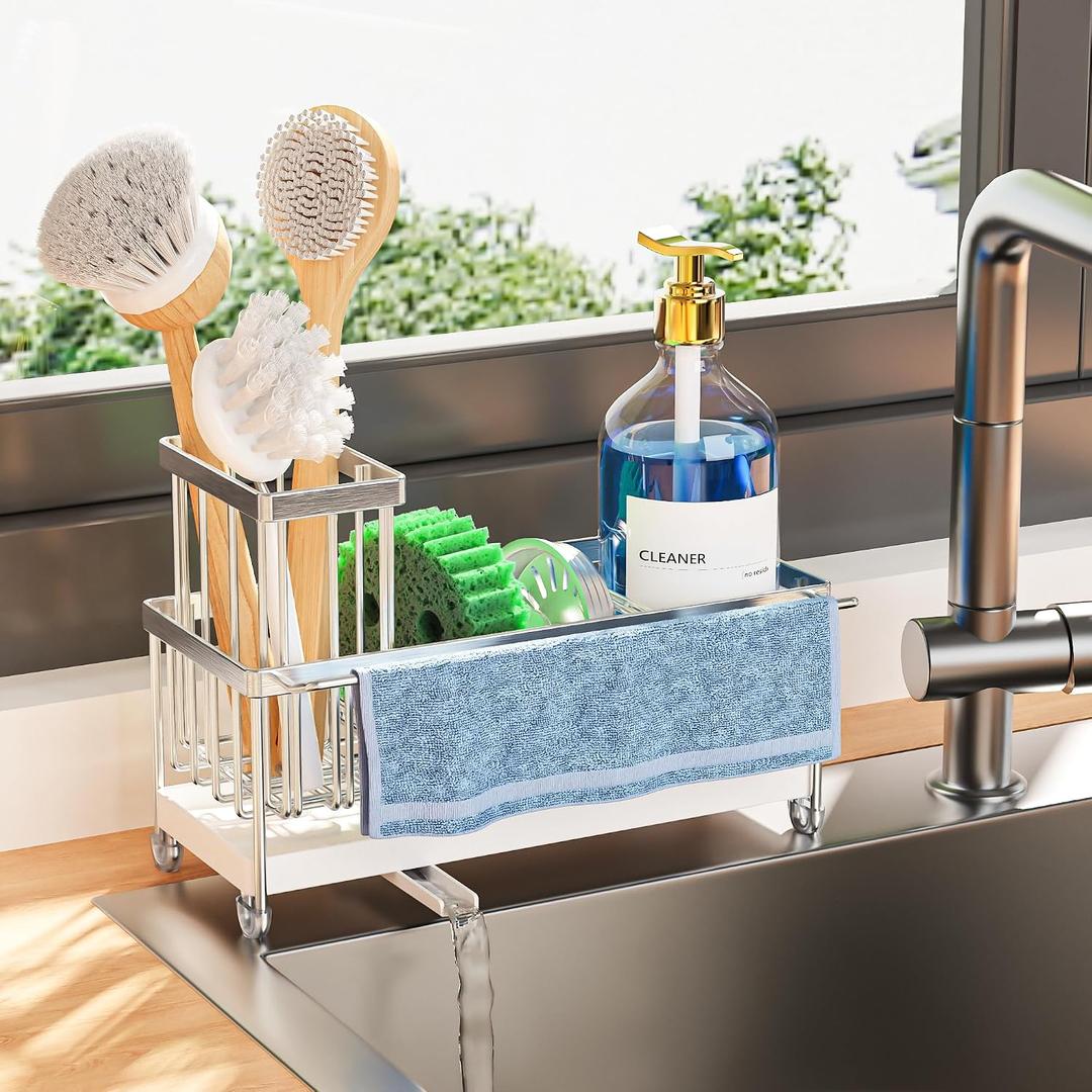 Cisily Sponge Holder for Kitchen Sink, Sink Caddy Organizer with High Brush Holder, Kitchen Countertop Organizers and Storage Essentials, Rustproof 304 Stainless Steel (Silver with Towel Rack, 9.25)