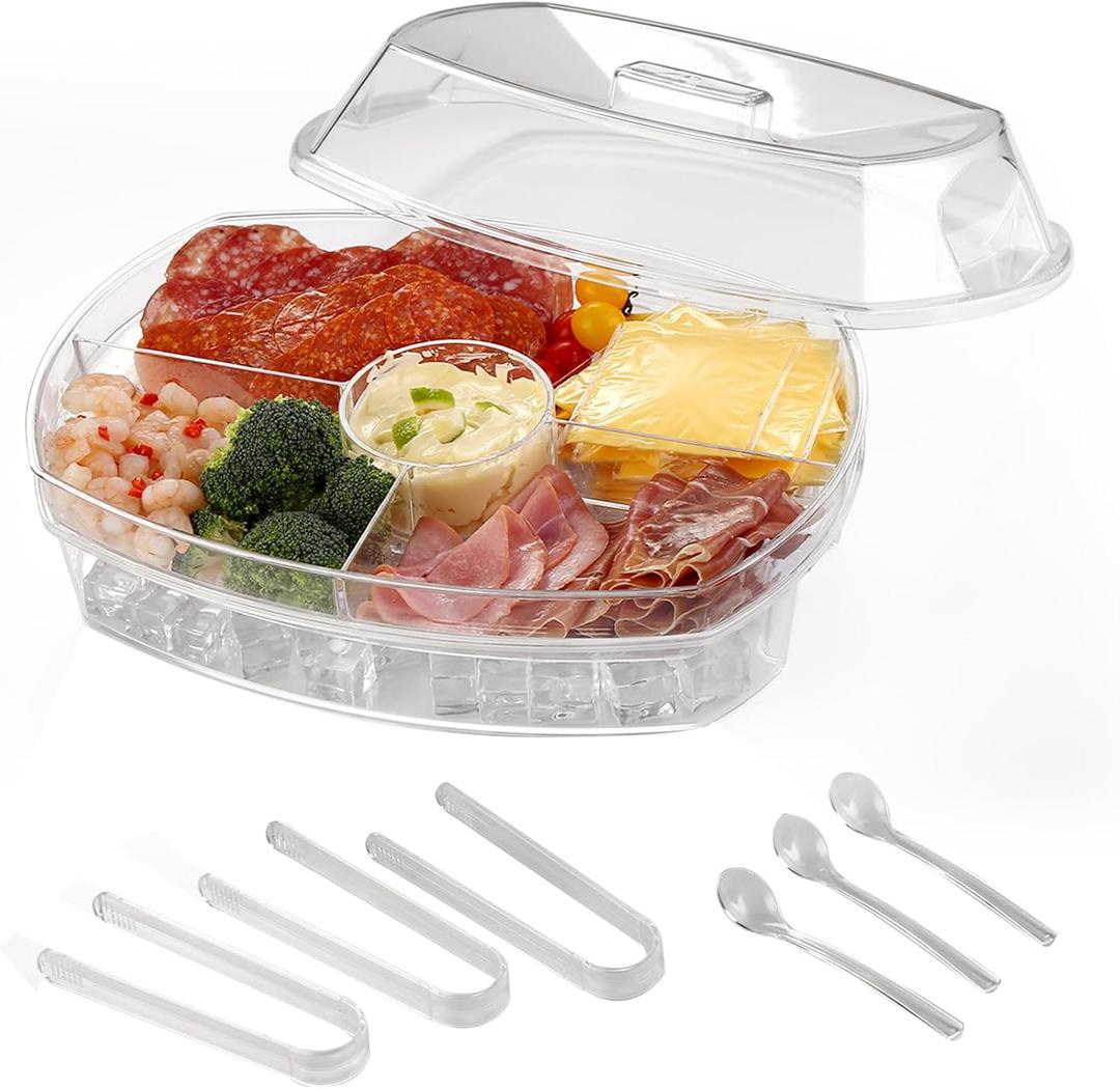 Ice Serving Tray, Chilled Party Platter,ice Chilled Platter with lid,Serving Trays for Party,Keep Food Cold for Fruit, Vegetable, Appetizer, Shrimp with Tongs and Spoons.