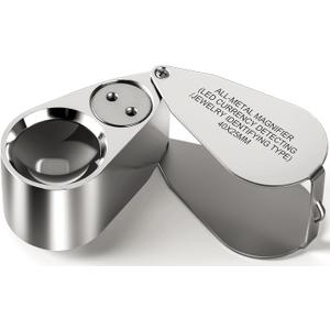 Leffis 40X Jewelers Loupe Magnifier Magnifying Glasses, LED/UV Illuminated Jewelry Loop Pocket Folding Magnifying Glass with Metal Construction for Close Work, Gardening, Kids, Stamp, Rock Collecting (1 Pack)