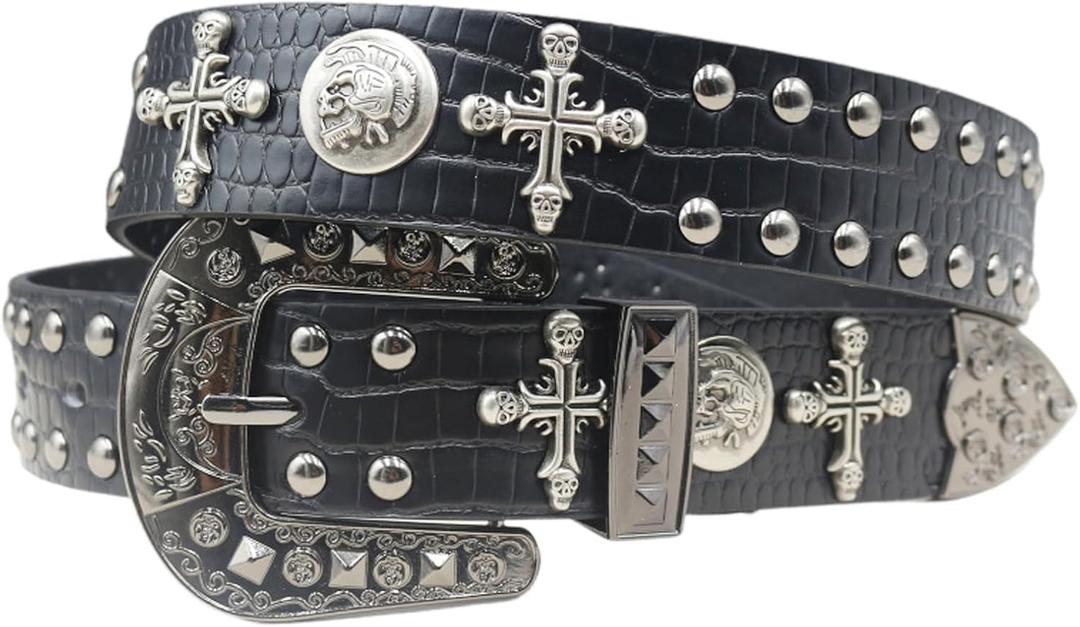 Black Western Cowboy Belt for Men Women Western Cowboy Cowgirl Y2k Studded Belt Western Punk Studded Belts (Fit Waist: "28-34"inch, Skull)
