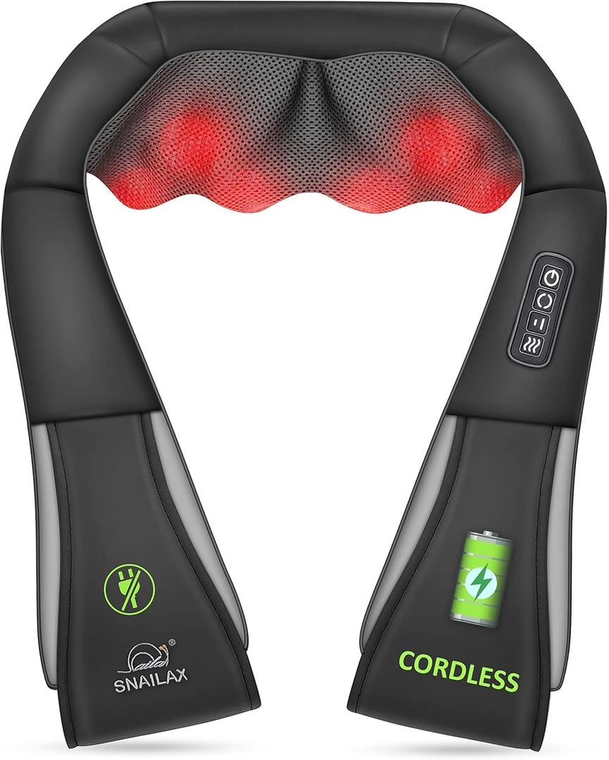 Snailax Cordless Massager - Shiatsu Neck and Shoulder Massager with Heat, Portable, Lumbar, Back Electric Massage Pillow, Christmas Gift (Black)
