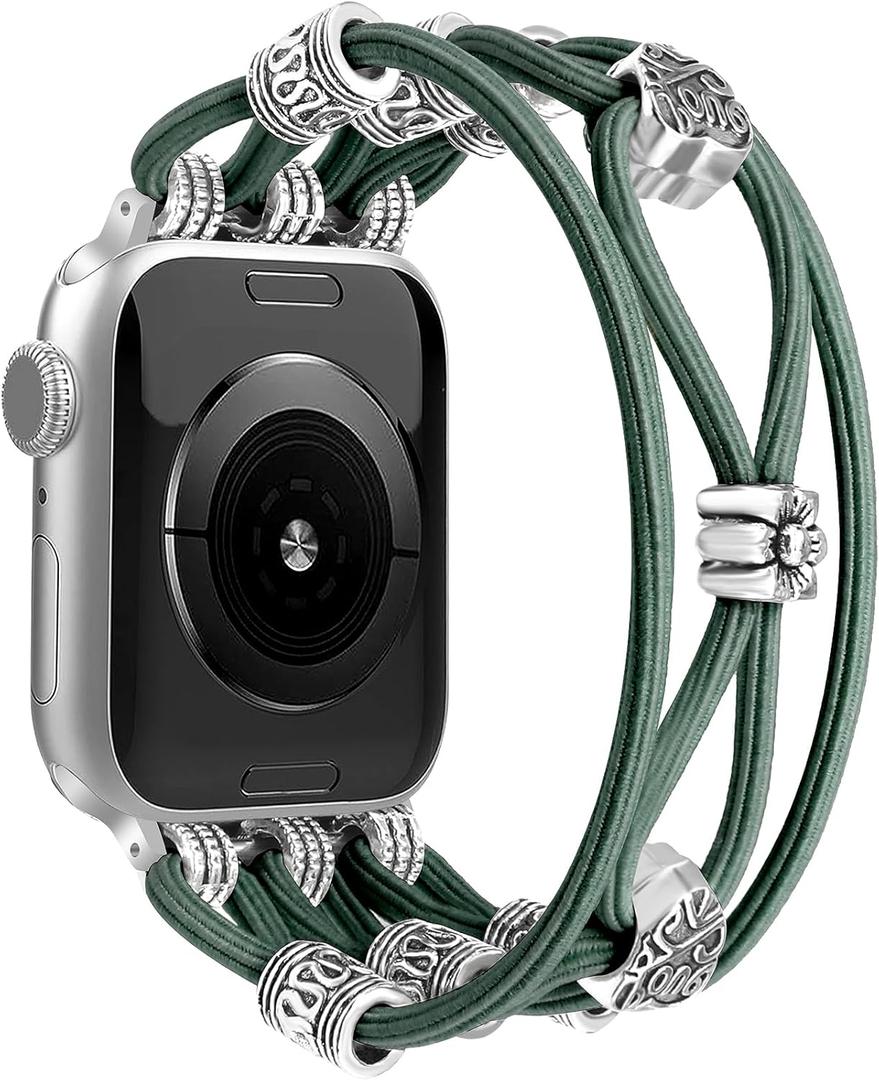 Newlibery Beaded Bracelet Compatible with Apple Watch Band Size: M-38/40/41/42mm(series 10/11) Women Boho Braided Solo Loop Nylon Stretchy Dressy Strap for iWatch Serie11/10/9/8/7/6/5/4 SE 3/2/1 Ultra
