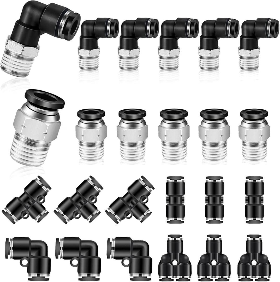Push to Connect Fittings kits,6mm Tube OD x 1/4 Inch NPT Thread Male Elbow and Straight Pneumatic Quick Connect Air Hose Fitting kits Tube Fittings Air Fittings 24Pcs