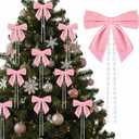Chuangdi 24 Pcs Pink Velvet Bows Christmas Tree Decorations with Pearls Chain Coquette Xmas Ornaments Pink Bows Garland Decor for Christmas Tree, Wreath, Gift Wrapping, Birthday Party, Holiday Decor