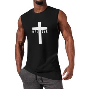 Men's Cotton Graphic Tank Tops Jesus Cross Believe Printed Faith Christian Shirts (Black) S