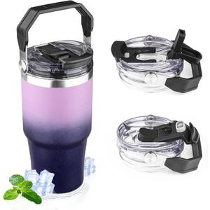 20oz Tumbler with Handle and Flip Straw Lid Double Wall Insulated Travel Coffee Mug Stainless Steel Vacuum Coffee Tumbler Cup for Hot and Cold Drinks Leak-proof&BPA-free20oz,Light purple Navy blue